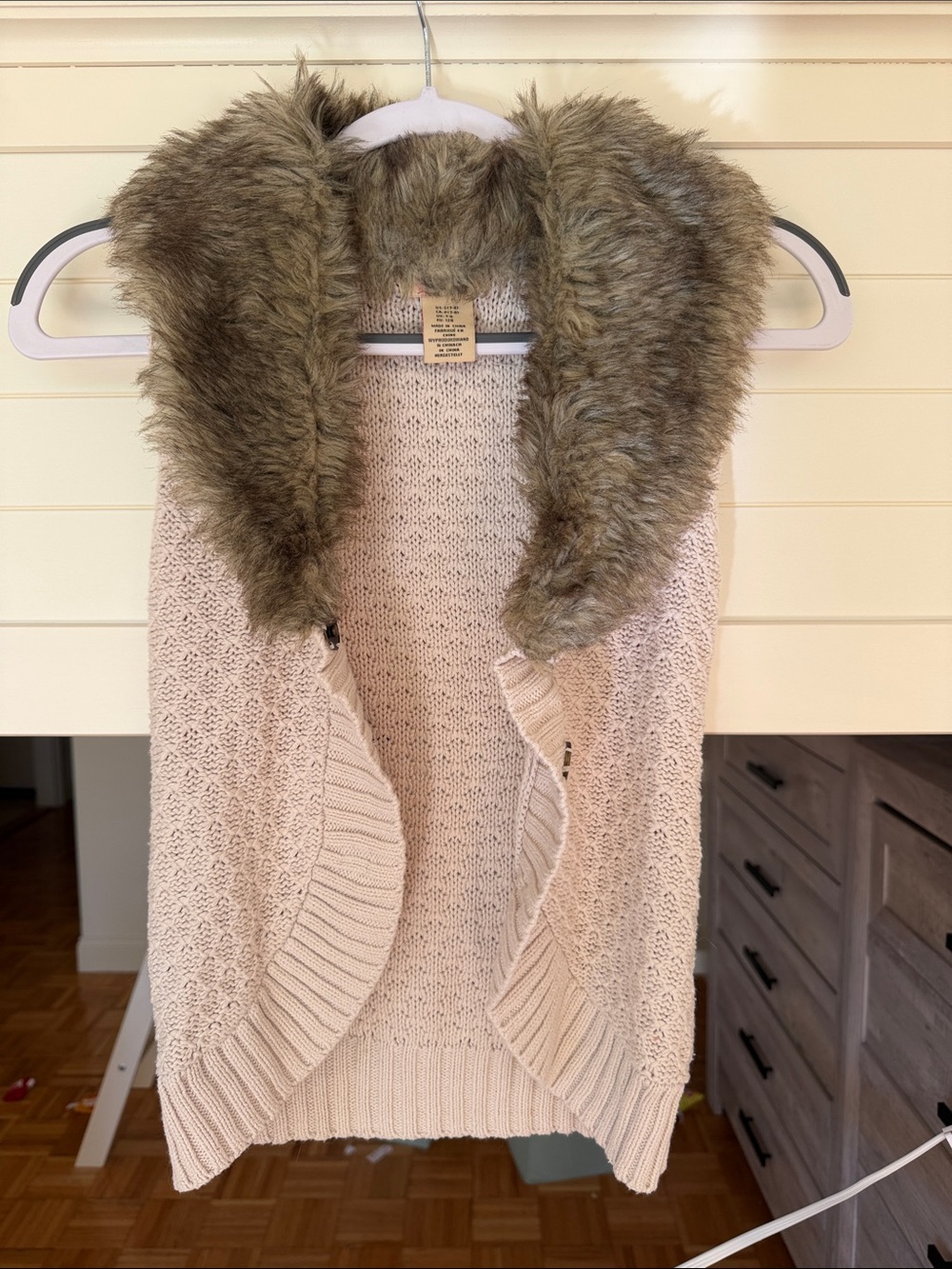 like, love Cream Knit Vest with Faux Fur Collar in Brown